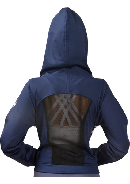 Lacivert Kadın Crop Sweatshirt Fermuarlı Sırt Dekolteli Kapüşonlu Eşofman Üstü fırsatları