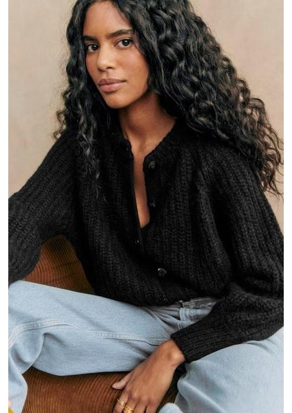 Siyah Bisiklet Yaka Selanik Örgü Düğmeli Kadın Hırka MG2487 modelleri