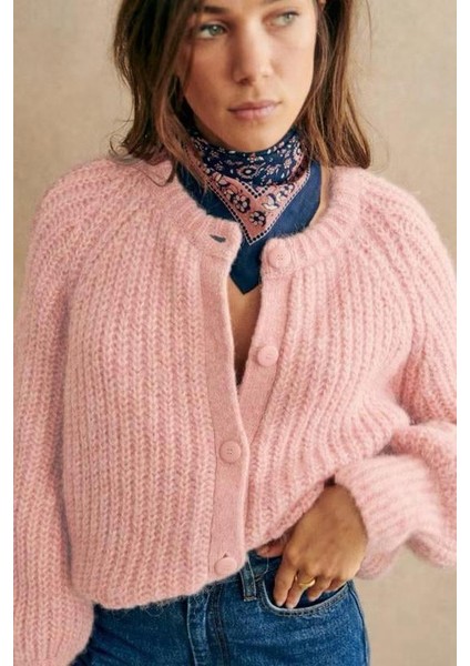 Pembe Bisiklet Yaka Selanik Örgü Düğmeli Kadın Hırka MG2487