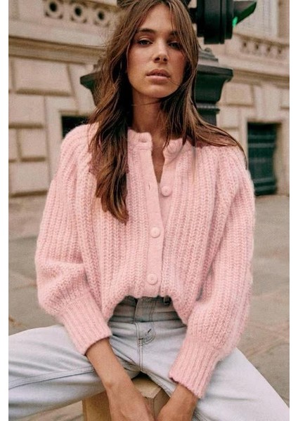 Pembe Bisiklet Yaka Selanik Örgü Düğmeli Kadın Hırka MG2487 fiyatları