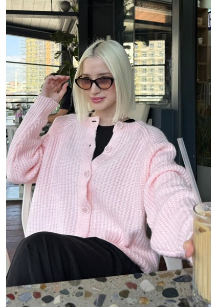 Pembe Bisiklet Yaka Selanik Örgü Düğmeli Kadın Hırka MG2487 modelleri