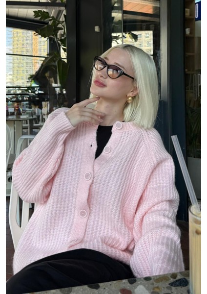 Pembe Bisiklet Yaka Selanik Örgü Düğmeli Kadın Hırka MG2487 fırsatları