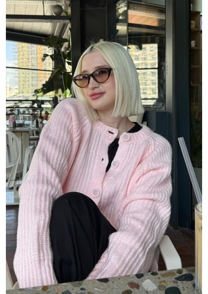 Pembe Bisiklet Yaka Selanik Örgü Düğmeli Kadın Hırka MG2487 indirimleri