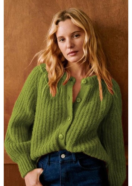 Yosun Yeşili Bisiklet Yaka Selanik Örgü Düğmeli Kadın Hırka MG2487