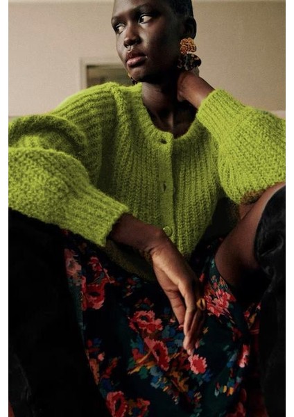 Yosun Yeşili Bisiklet Yaka Selanik Örgü Düğmeli Kadın Hırka MG2487 fiyatları