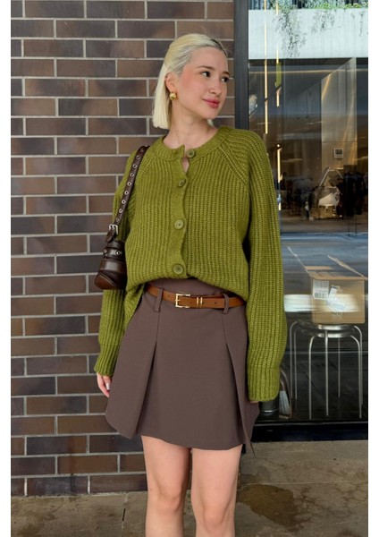 Yosun Yeşili Bisiklet Yaka Selanik Örgü Düğmeli Kadın Hırka MG2487 fırsatları