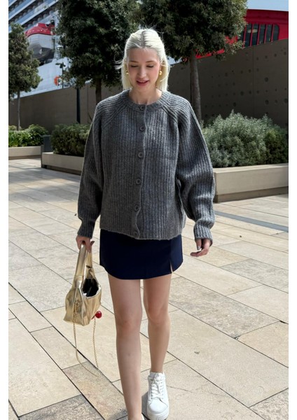 Antrasit Bisiklet Yaka Selanik Örgü Düğmeli Kadın Hırka MG2487 fırsatları