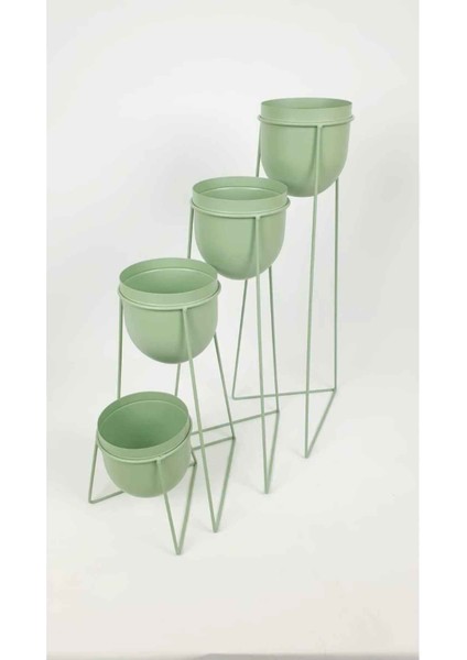 Ayaklı Metal Orkide Çiçek Saksılığı Dörtlü Mint Yeşili