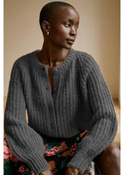 Antrasit Bisiklet Yaka Selanik Örgü Düğmeli Kadın Hırka MG2487