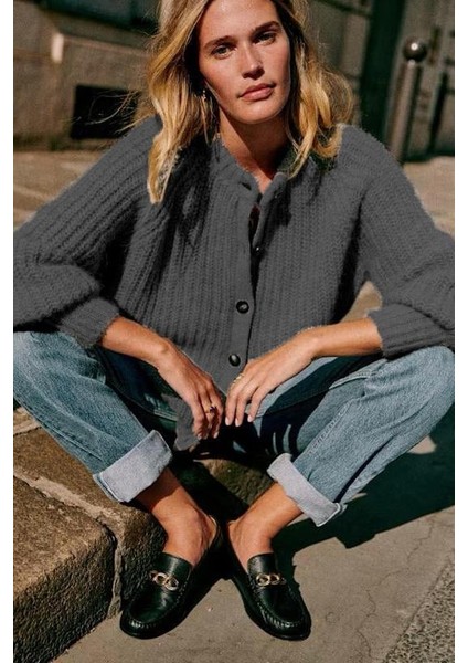 Antrasit Bisiklet Yaka Selanik Örgü Düğmeli Kadın Hırka MG2487 fiyatları