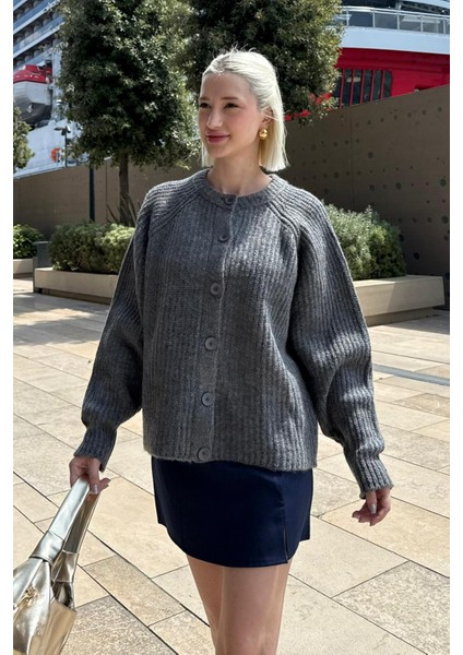 Antrasit Bisiklet Yaka Selanik Örgü Düğmeli Kadın Hırka MG2487 modelleri