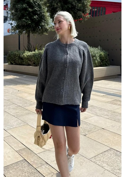 Antrasit Bisiklet Yaka Selanik Örgü Düğmeli Kadın Hırka MG2487 indirimleri