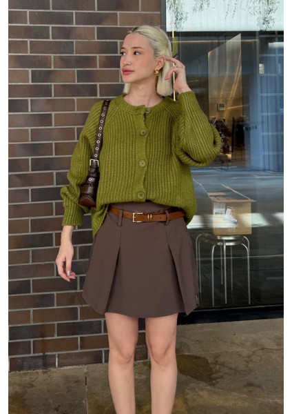 Yosun Yeşili Bisiklet Yaka Selanik Örgü Düğmeli Kadın Hırka MG2487 indirimleri