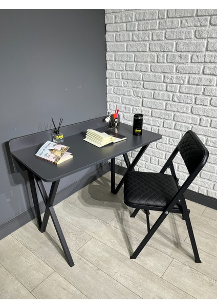 Buse Çalışma Masası Ofis Bilgisayar Masası + Katlanır Sandalyeli 103 cm Metal Siyah Ayak