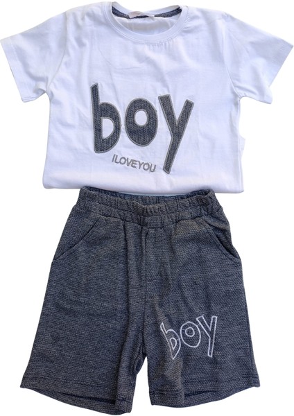 Erkek Çocuk İkili Takım – Baskılı Beyaz T-Shirt ve Gri Şort %100 Pamuk