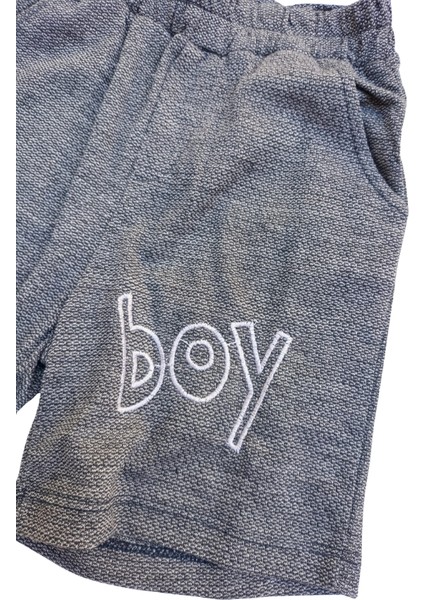 Erkek Çocuk İkili Takım – Baskılı Beyaz T-Shirt ve Gri Şort %100 Pamuk