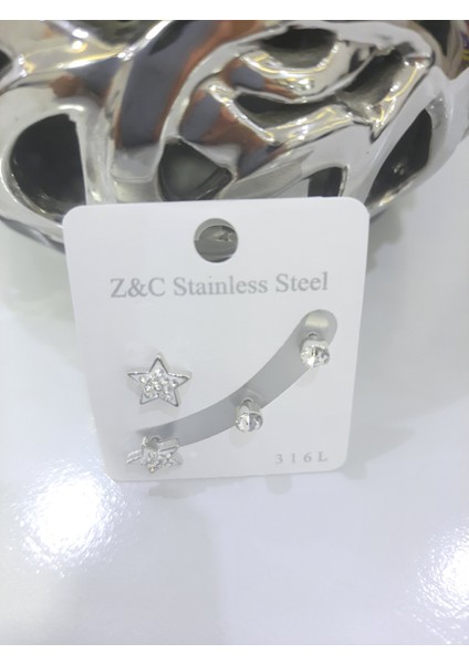 Çelik Küpe 2'li Taşlı Yıldız Tek Taşlı Model Gümüş Silver