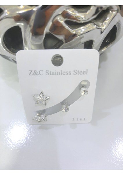 Çelik Küpe 2'li Taşlı Yıldız Tek Taşlı Model Gümüş Silver modelleri