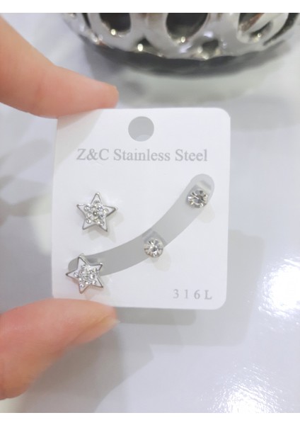 Çelik Küpe 2'li Taşlı Yıldız Tek Taşlı Model Gümüş Silver fırsatları