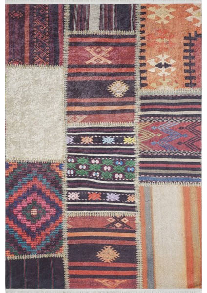 Blonie Bordo Patchwork Etnik Modern Desenli Makinada Yıkanabilir Hav Toz Vermez Leke Tutmayan Kaymaz Taban Dijital Makine Baskı Salon Yolluk Mutfak Halı