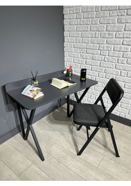 Buse Çalışma Masası Ofis Bilgisayar Masası + Katlanır Sandalyeli 103 cm Metal Siyah Ayak