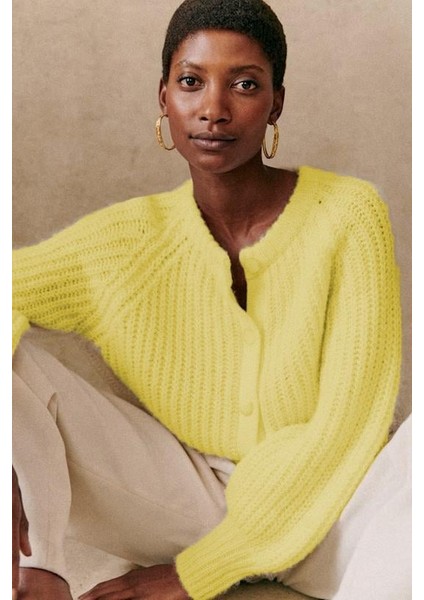 Sarı Bisiklet Yaka Selanik Örgü Düğmeli Kadın Hırka MG2487