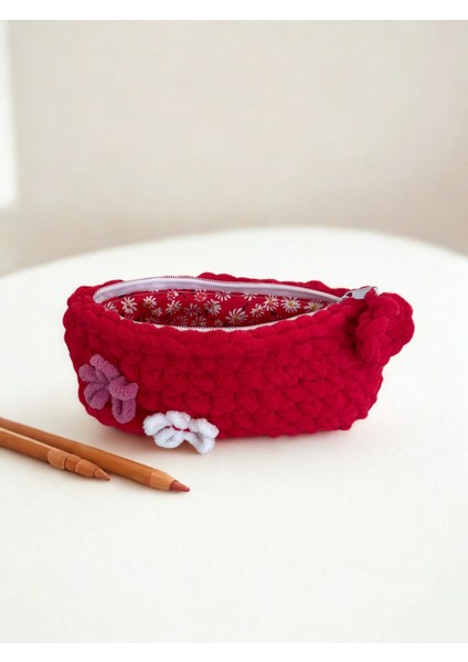 El Örgüsü Yumuşacık Makyaj Çantası & Neşeli Kalemlik - Astarlı ve Fermuarlı