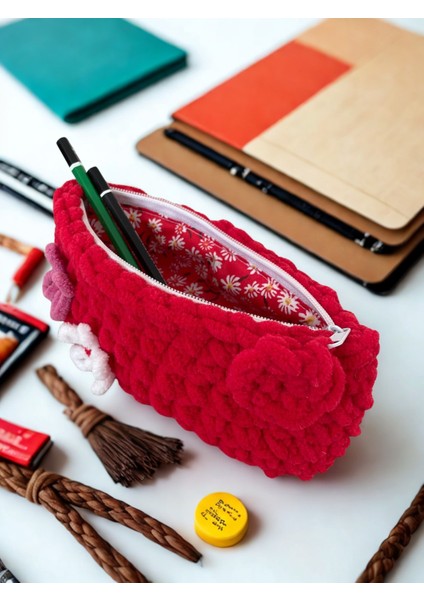 El Örgüsü Yumuşacık Makyaj Çantası & Neşeli Kalemlik - Astarlı ve Fermuarlı indirimleri