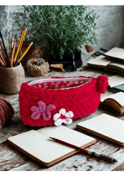 El Örgüsü Yumuşacık Makyaj Çantası & Neşeli Kalemlik - Astarlı ve Fermuarlı