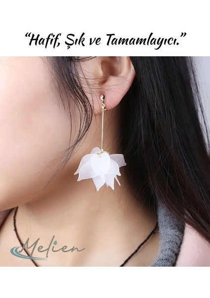 Günlük ve Özel Anlar Için Bohem Tarzı Lotus Çiçek Detaylı Zarif Beyaz Uzun Sallantılı Avrupa Tarzı Şık Küpe
