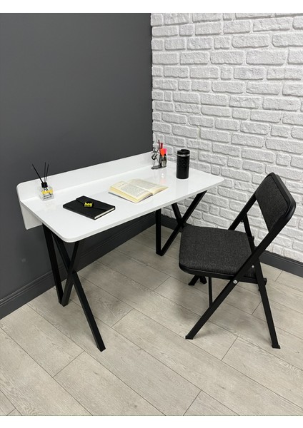 Buse Çalışma Masası Ofis Bilgisayar Masası + Katlanır Sandalyeli 103 cm Metal Siyah Ayak