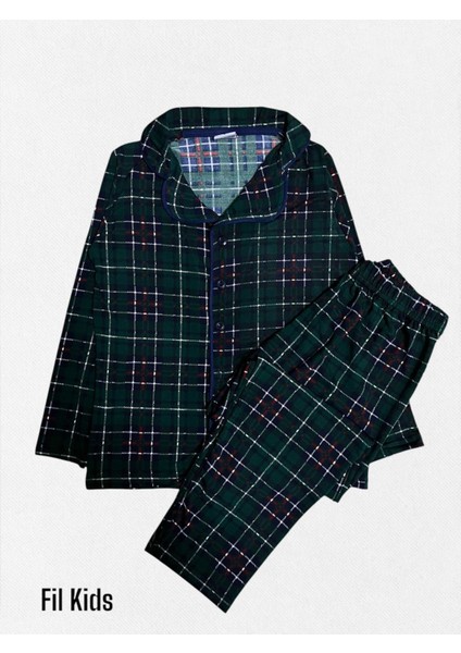 Erkek Çocuk Pamuklu Yeşil Ekose Kumaş Gömlek Yaka Boydan Düğmeli Mevsimlik Pijama Takımı