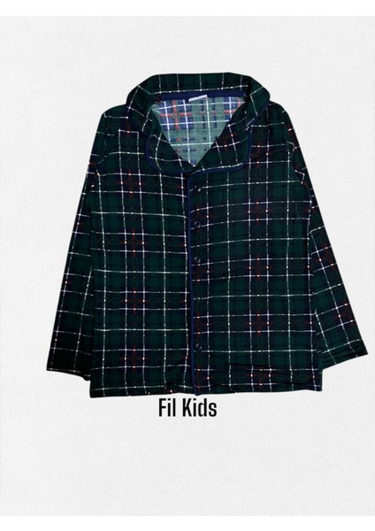 Erkek Çocuk Pamuklu Yeşil Ekose Kumaş Gömlek Yaka Boydan Düğmeli Mevsimlik Pijama Takımı fiyatları