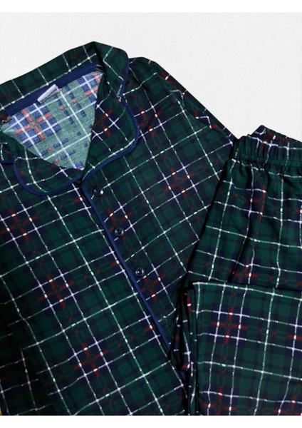 Erkek Çocuk Pamuklu Yeşil Ekose Kumaş Gömlek Yaka Boydan Düğmeli Mevsimlik Pijama Takımı modelleri