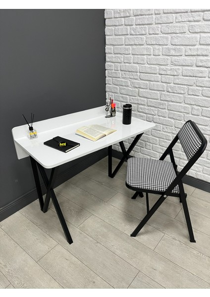 Buse Çalışma Masası Ofis Bilgisayar Masası + Katlanır Sandalyeli 103 cm Metal Siyah Ayak