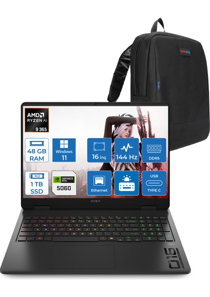 Omen 16-AP0020NT Amd Ryzen Aı 9 365 48GB Ddr5 1tb SSD RTX5060 8gb Gddr7 16 Inç Wuxga (1920 x 1200) 144Hz 300NITS IPS Windows 11 Pro Taşınabilir Bilgisayar C12CPEAP26 + Zetta Çanta