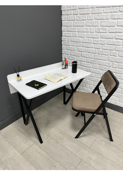 Buse Çalışma Masası Ofis Bilgisayar Masası + Katlanır Sandalyeli 103 cm Metal Siyah Ayak