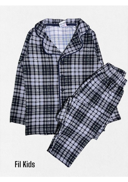 Erkek Çocuk Pamuklu Gri Beyaz Ekose Kumaş Gömlek Yaka Boydan Düğmeli Mevsimlik Pijama Takımı