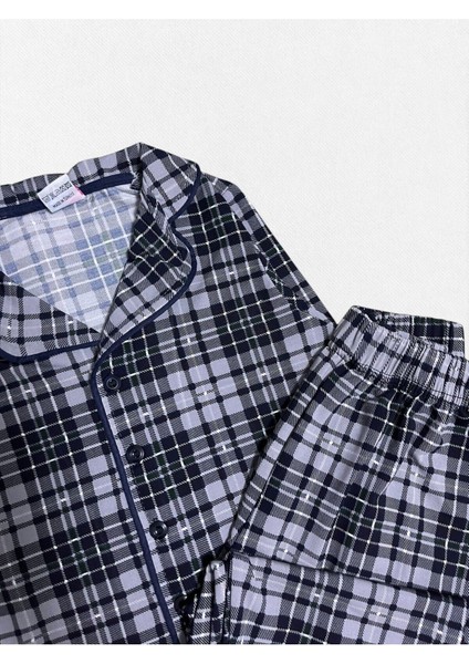 Erkek Çocuk Pamuklu Gri Beyaz Ekose Kumaş Gömlek Yaka Boydan Düğmeli Mevsimlik Pijama Takımı modelleri
