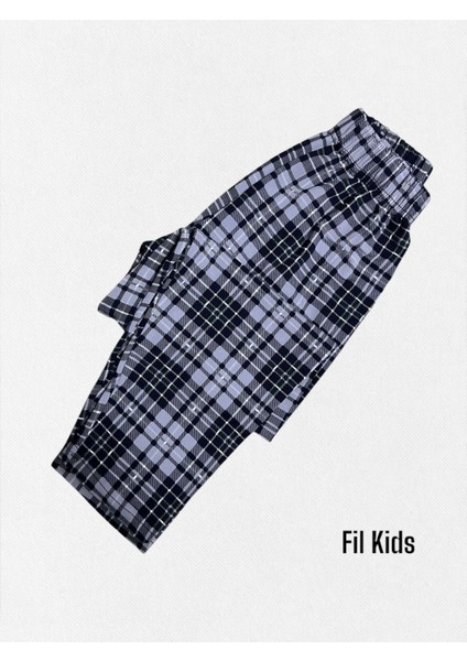 Erkek Çocuk Pamuklu Gri Beyaz Ekose Kumaş Gömlek Yaka Boydan Düğmeli Mevsimlik Pijama Takımı fırsatları