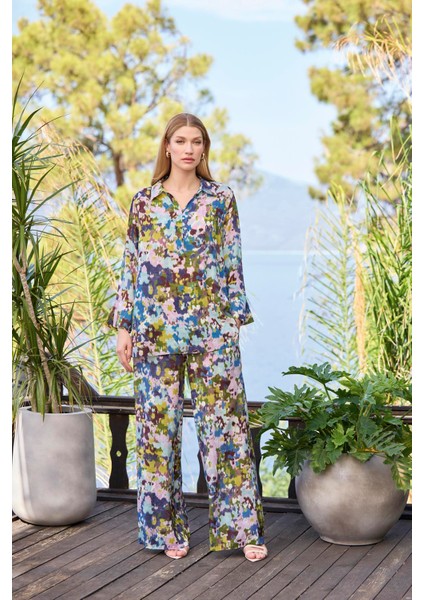 Kadın Desenli Uzun Kollu Önü Düğmeli Gömlek Yaka Alt Üst Takım 25047 fiyatları