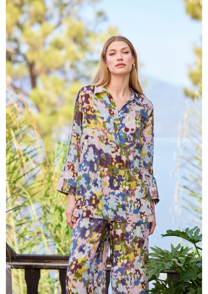 Kadın Desenli Uzun Kollu Önü Düğmeli Gömlek Yaka Alt Üst Takım 25047 indirimleri