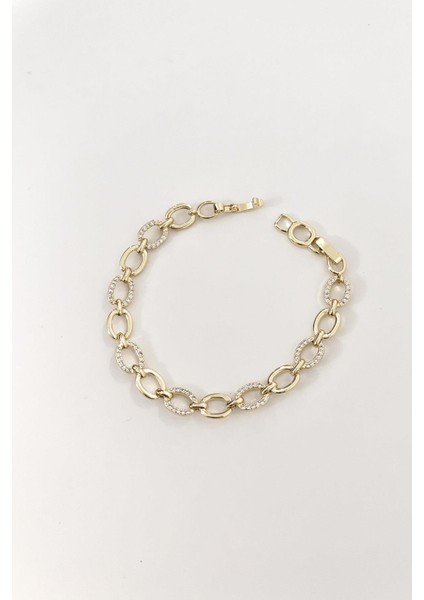 Zirkon Taşlı Gold Elips Geçmeli Vip Bileklik