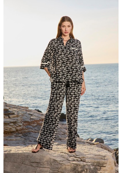 Kadın Balık Desenli Truvakar Kollu Gömlek Yaka Alt Üst Takım 25033