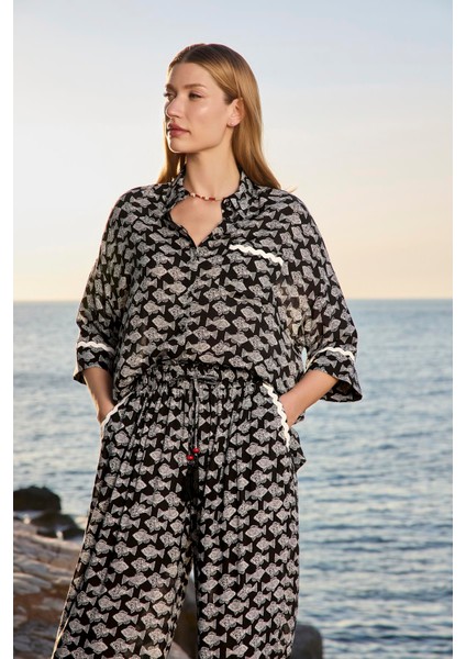 Kadın Balık Desenli Truvakar Kollu Gömlek Yaka Alt Üst Takım 25033 fırsatları