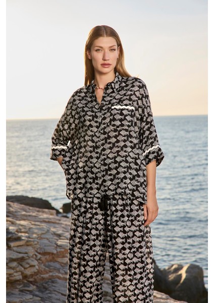 Kadın Balık Desenli Truvakar Kollu Gömlek Yaka Alt Üst Takım 25033 indirimleri