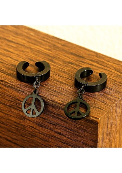 Barış Sembolü Şekilli Unisex Deliksiz Kulaklara Sıkıştırmalı Siyah Çelik Küpe