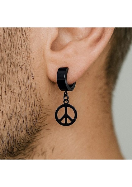 Barış Sembolü Şekilli Unisex Deliksiz Kulaklara Sıkıştırmalı Siyah Çelik Küpe modelleri