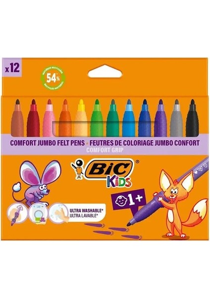 Kids Jumbo Keçeli Boya Kalemi 12'li Çok Renkli Ultra Yıkanabilir Konforlu Tasarım