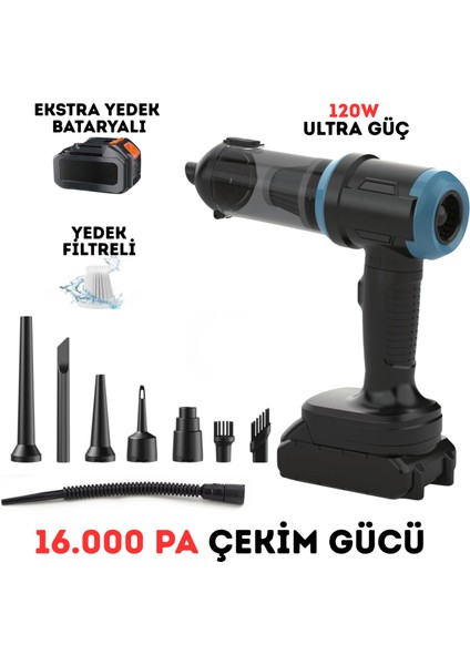 Yeni Pro Çift Bataryalı 120W Şarjlı 16000PA Çekim ve Üfleme Araç Temizleme Süpürgesi